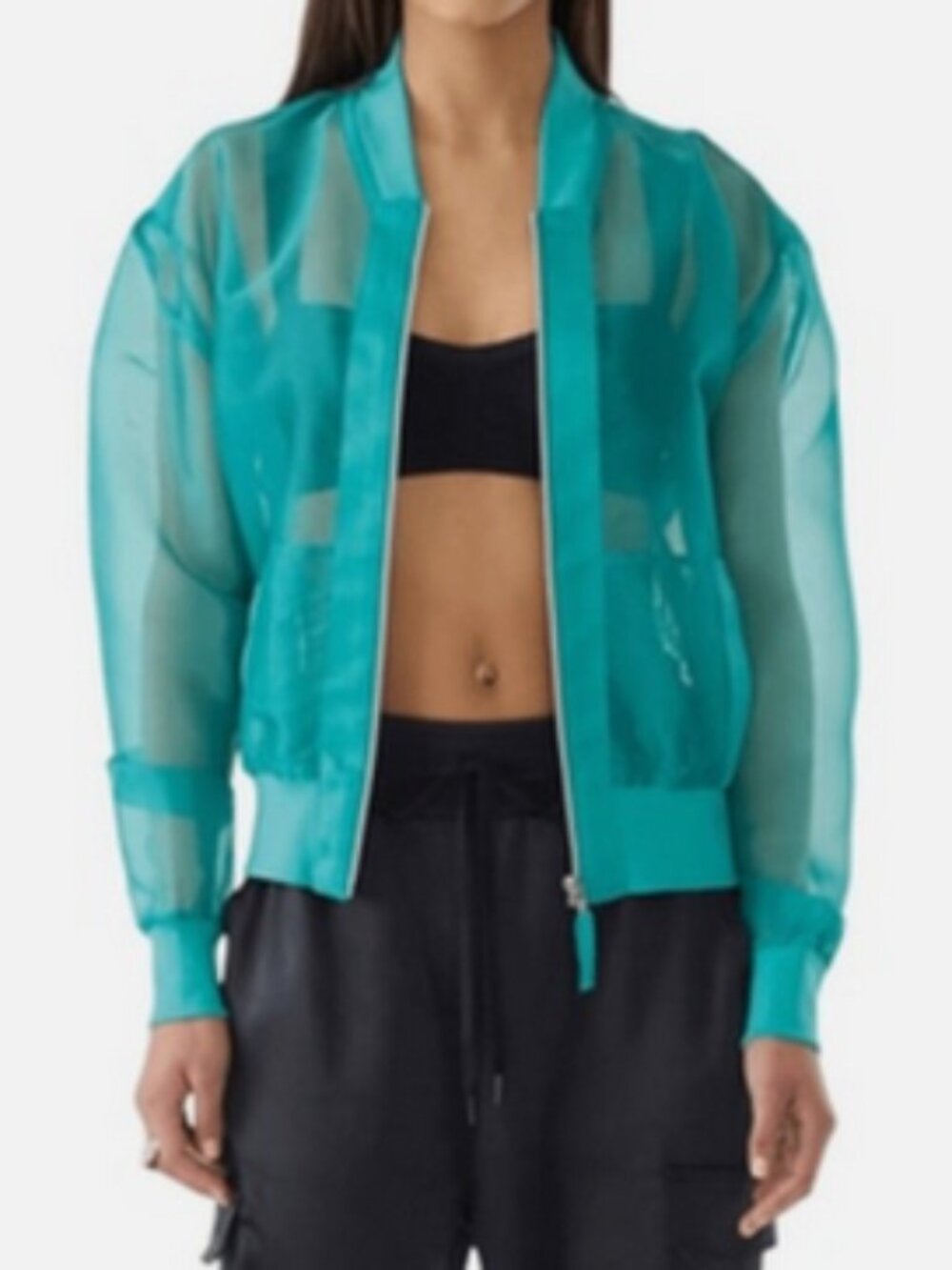 GSTQ Sheer Bomber Jacket In PEACOCK Zip Up Chiffon Womens Sz XS - NWT